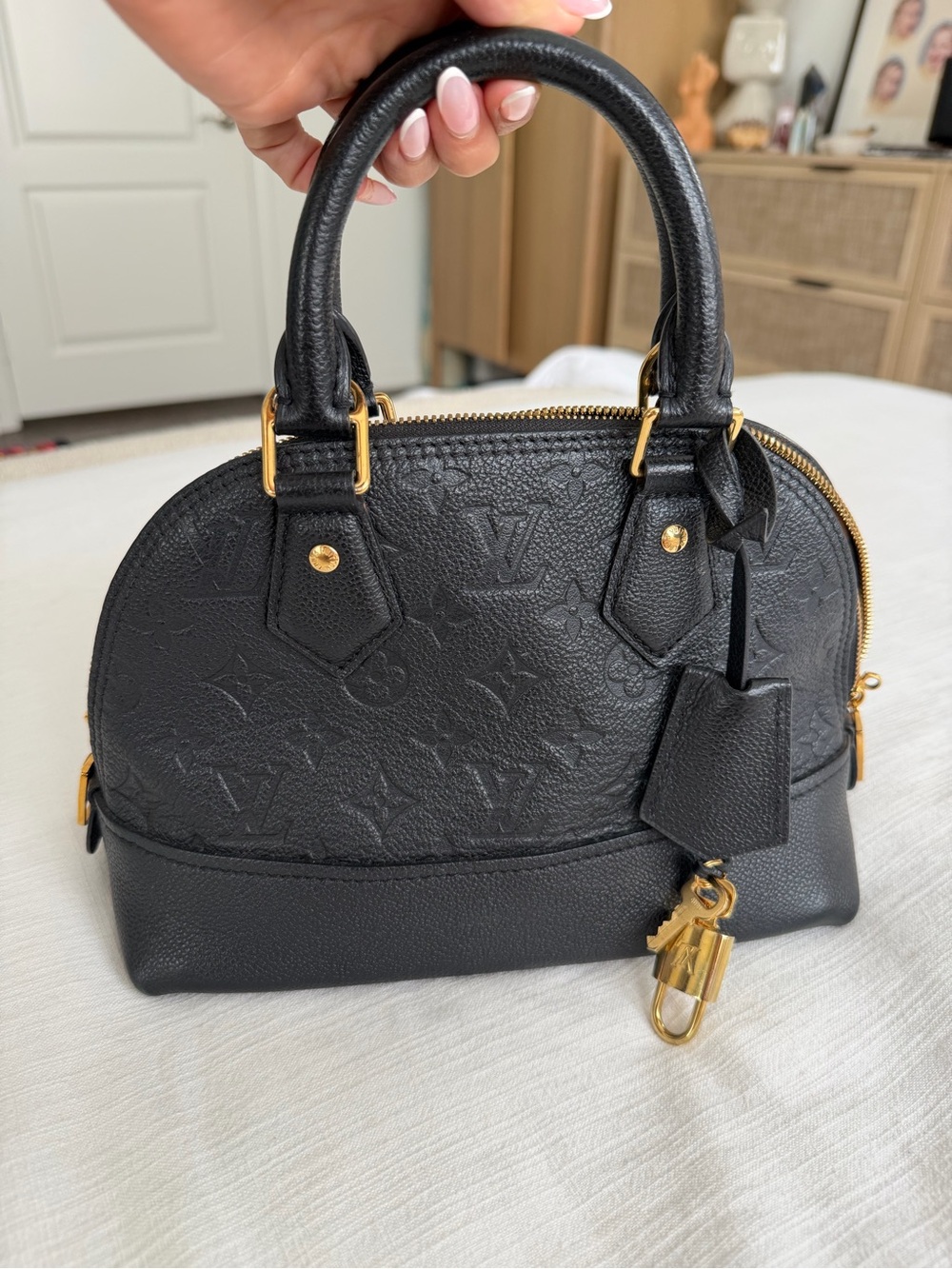 Louis Vuitton Black Embossed Alma BB Satchel with Gold Hardware